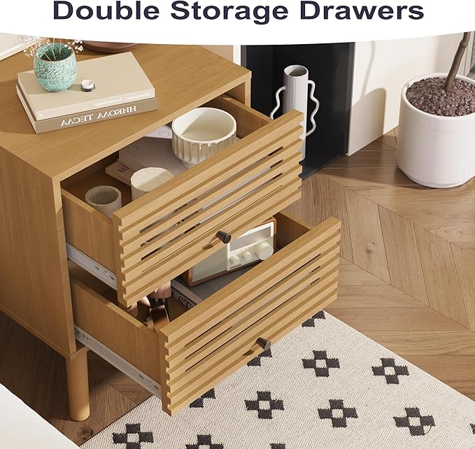 Nightstand Set of 2, Side Table, End Table, Mid Century Modern Nightstand with Hollowed Drawers, Bedside Tables, Small Nightstands with Storage for Bedroom, Oak