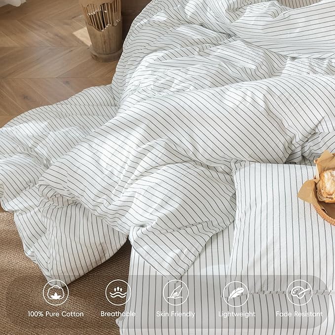 MooMee Striped Duvet Cover Set 100% Washed Cotton Linen Like Textured Breathable Durable Soft Comfy (White Heathered Green Wide Stripes, Oversized King Plus 128"x120")