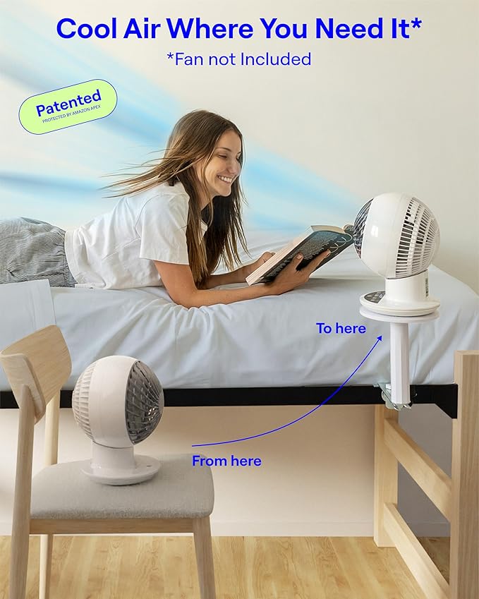 FanShelfie Adjustable Fan Holder for Dorm Room, Bunk & Lofted Bed, College Essentials for Boys & Girls, Patented Height & Distance Design, Compatible with Popular Dorm Fans, 2 Height Options (White)