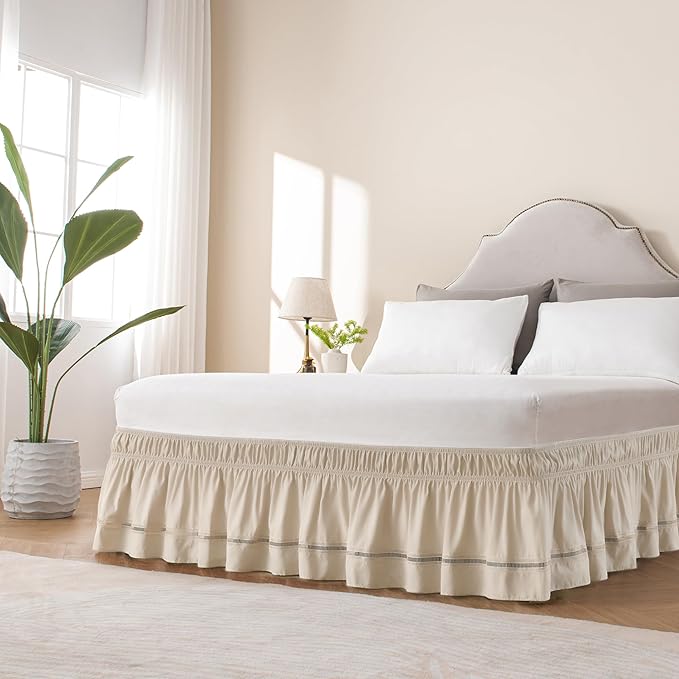 MIYE Wrap Around Ruffled Lace Bed Skirt, Elastic Dust Ruffle with Adjustable Belts, Easy to Put On, Bed Frame Cover, Machine Washable (Ruffled Lace/Beige, King/Queen-12.5" Drop)