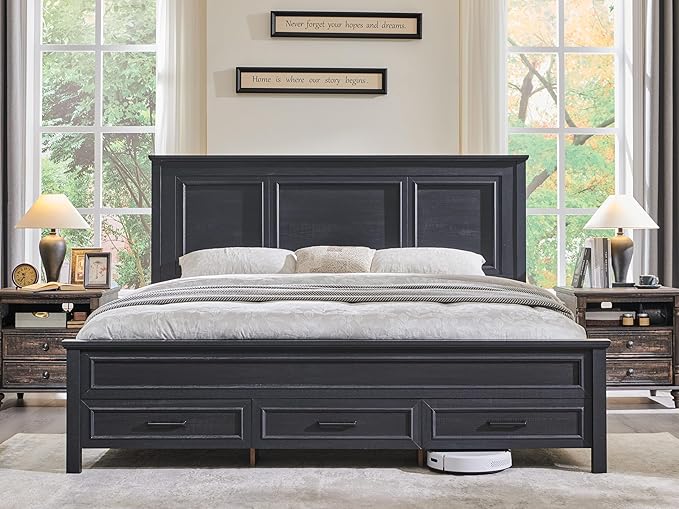 ACCOHOHO Farmhouse Queen Size Bed Frame with 52" Tall Headboard, Wood Platform Bedframe with Footboard and Storage Drawers, No Squeak, No Box Spring Needed, Black