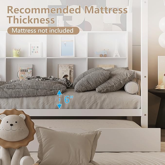 Twin House Bed for Kids with Trundle and Storage Shelves, Montessori Bed with Guardrails and Wood Slats, Platform Bed with Headboard for Boys Girls, 74.4" L x 40.2" W x 71" H, White