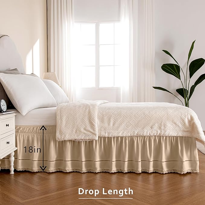 MIYE Wrap Around Ruffled Lace Bed Skirt, Elastic Dust Ruffle with Adjustable Belts, Easy to Put On, Bed Frame Cover, Machine Washable (Floral Lace/Beige, Full/Twin-18 Drop)