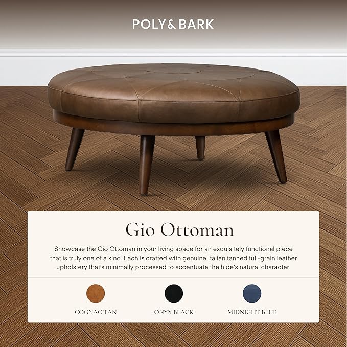 Poly & BARK Gio Ottoman – 30” Round with Feather-Down Topper – Full-Grain Leather Upholstery – Couch Ottoman for Living Room – Vintage Italian Leather in Cocoa Brown