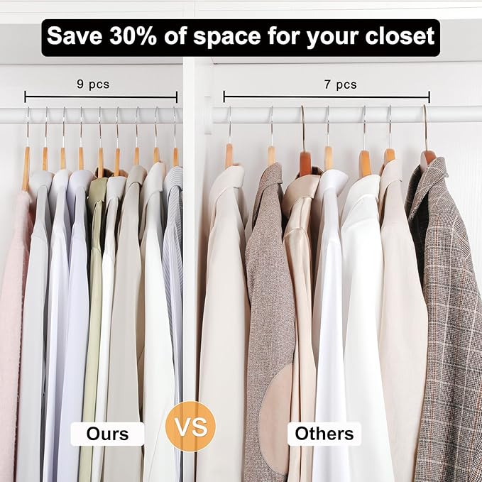 TOPIA HANGER Wooden Hangers 48 Pack, 0.28-inch Slim & Durable Clothes Hangers Space Saving, Natural Wood Hanger with 360°Swivel Hook and Shoulder Notches for Coat,Shirt, Camisole, Dress-CT51N48