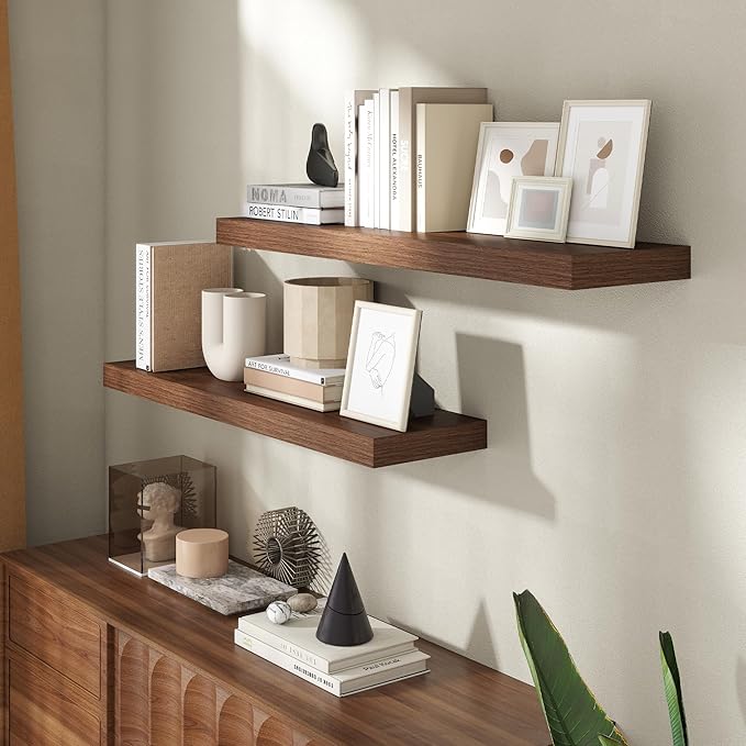 30 Inch Floating Shelves for Wall, 8 Inch Deep Floating Shelf for Storage & Display, Rustic Wall Mounted Shelf with Invisible Brackets for Living Room, Kitchen, Bathroom, Home Decor, Set of 2, Walnut