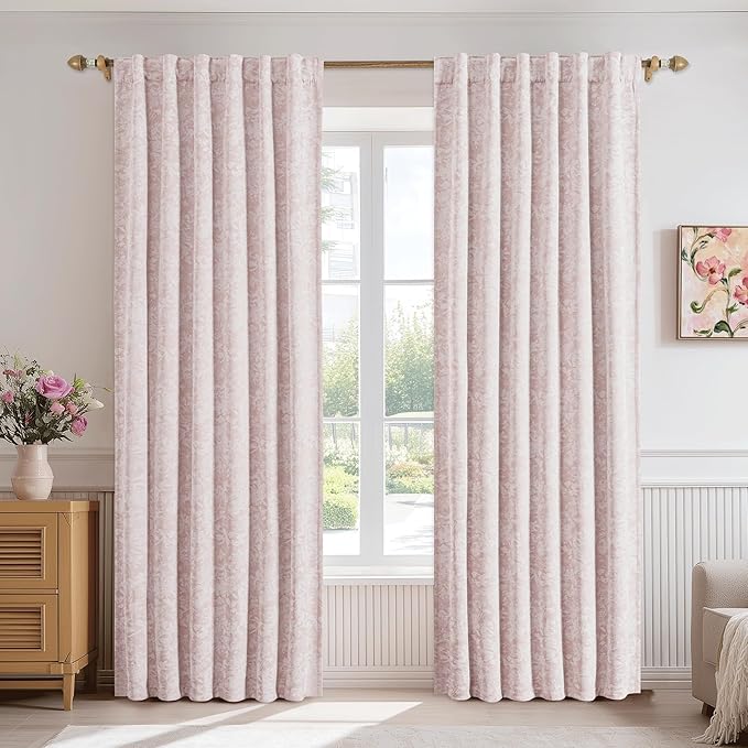 Beauoop Pink Floral Jacquard Blackout Curtains 63 Inches Long 2 Panels for Girls Bedroom Living Room Chenille Flower Room Darkening Thermal Soundproof Rod Pocket Back Tab Window Drapes, 52x63