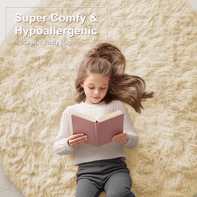OLANLY Cream Round Rugs for Bedroom - Machine Washable, 5 ft Circle Area Rugs for Living Room, Soft and Fluffy Shaggy Carpet for Teen Girl and Boys, Nursery Rooms, Dorms, Home Decor Aesthetic