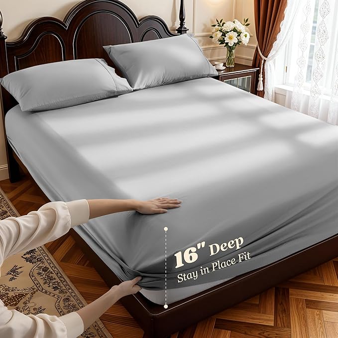 LBRO2M 1000 Thread Count 100% Egyptian Cotton Sheets Set,Queen Size Bed Sheet 4 Piece Sets,Long Staple,16 Inches Deep Pocket,All Season,Bedding Super Soft Comforterble Breathable,Sateen Weave (Grey)