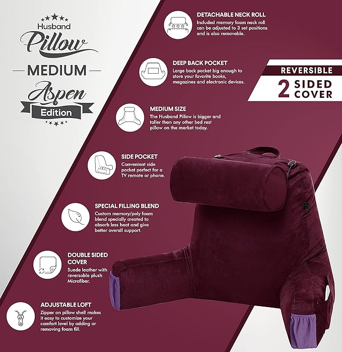 Husband Pillow Medium Aspen Edition Mauve Purple, Sit Up Reading & Bed Rest with Arms, Ultra-Comfy, Detach Neck Roll - Premium Shredded Memory Foam Backrest, Reverses to Micro: Suede or Plush