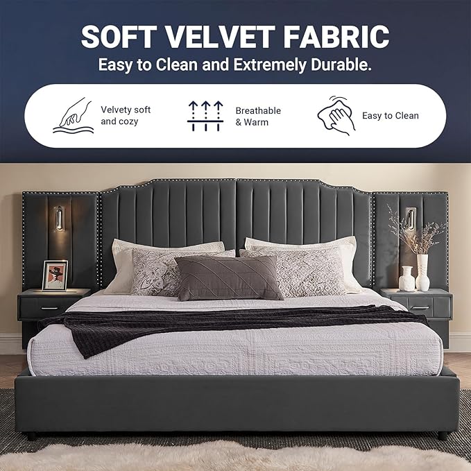 King Size Bed Frame with Storage, Luxury King Platform Bed Frame with Headboard, Velvet Fabric Upholstered Bedframe with LED Lights, Solid Frame & Bedside Table, No Box Spring Needed, Gray