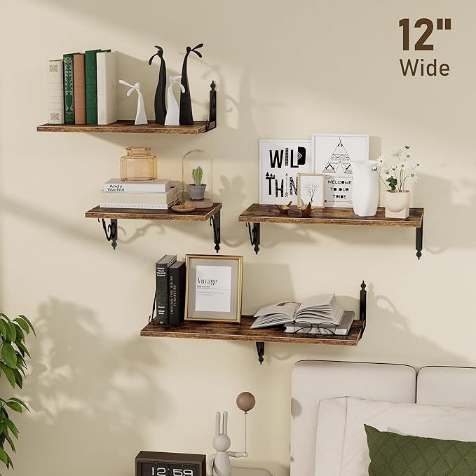 Dreamland Deep Floating Shelves, 31" W x 12" D Wall Shelves Set of 2, Wide Display Shelf Wall Mounted with Brackets, Bookshelf for Living Room, Bathroom, Bedroom, Rustic Brown
