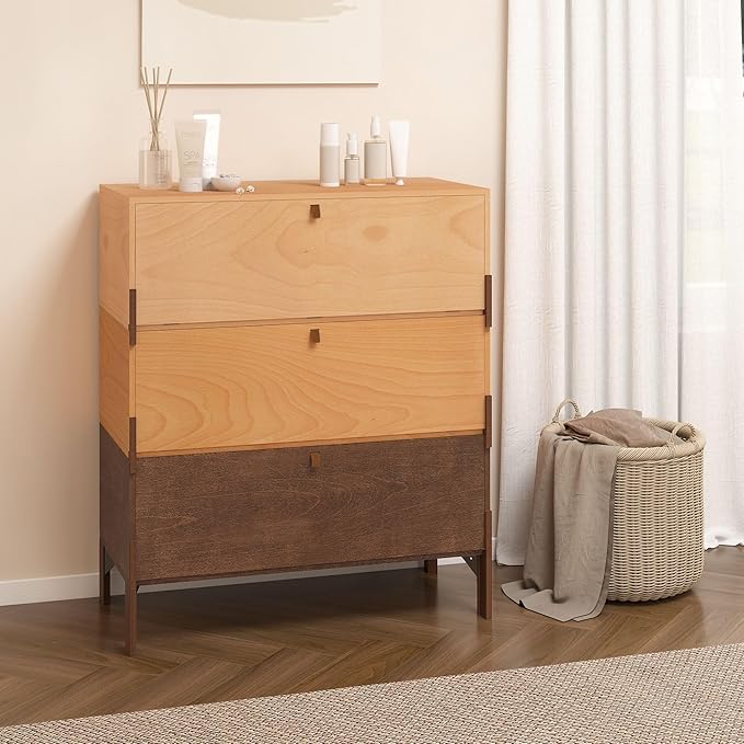 Stackable 3 Drawers Dresser, Customizable Chest of Drawers for Bedroom, Living Room, Hallway, Entryway, Mid-Century Style Furnitures Cabinet, 30 inch Width Tri-Color Comb (1 pcs)