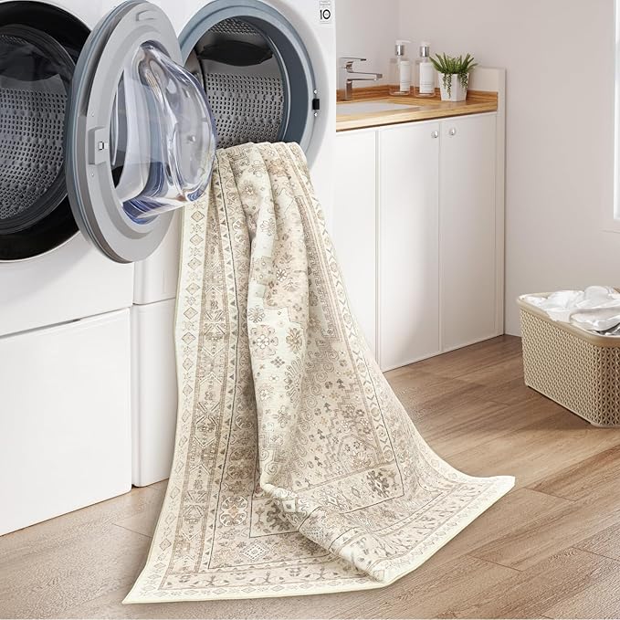 zesthome Washable Round Area Rugs - Non-Slip 6ft Round Rugs, Ultra-Thin Large Circle Rugs for Living Room, Soft Low Pile Rug for Bedroom, Kitchen, Nursery - Vintage Round Rug(Cream/Beige,6'x6')