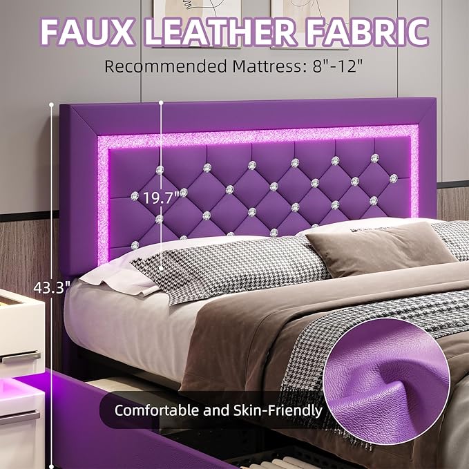 BarnFurin Full Size Bed Frame with Headboard, Faux Leather Upholstered Bed with Diamond Tufted Design, Mordern Bed Frame with Wooden Slats Suppor, No Box Spring Required, Easy Assembly, Purple