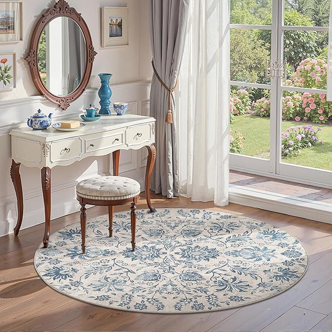 jinchan Torino Classic Floral Round Rug 4ft, Vintage-Inspired Design 4’Circle Rug, Machine Washable Ultra-Thin Low-Pile Non-Slip Indoor Carpet for Bedroom Dining Room Living Room Entryway Dark Blue