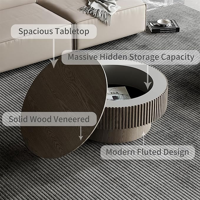 LKTART Round Coffee Table for Living Room, Accent Fluted Drum Coffee Table with Storage, Modern Solid Wood Veneered Circle Center Tea Table for Small Space Apartment (31.5''D×14''H-Grey)
