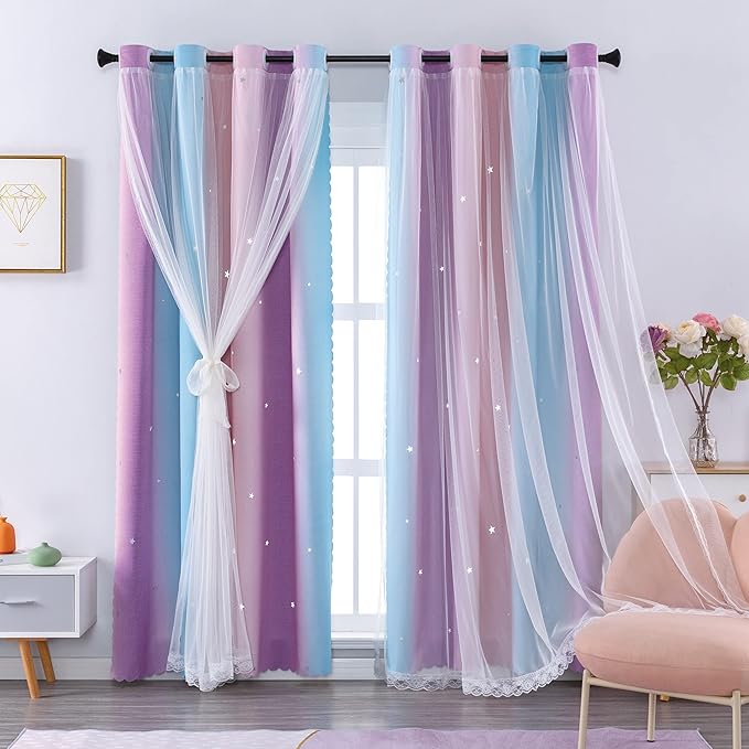 Blackout Curtains for Girls Room & Kids Bedroom, 62 Inch Pink and Purple Rainbow Unicorn 1 Panels, Room Decor with Tie Backs