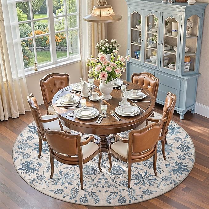 jinchan Torino Classic Floral Round Rug 7ft, Vintage-Inspired Design 7’Circle Rug, Machine Washable Ultra-Thin Low-Pile Non-Slip Indoor Carpet for Bedroom Dining Room Living Room, Dark Blue
