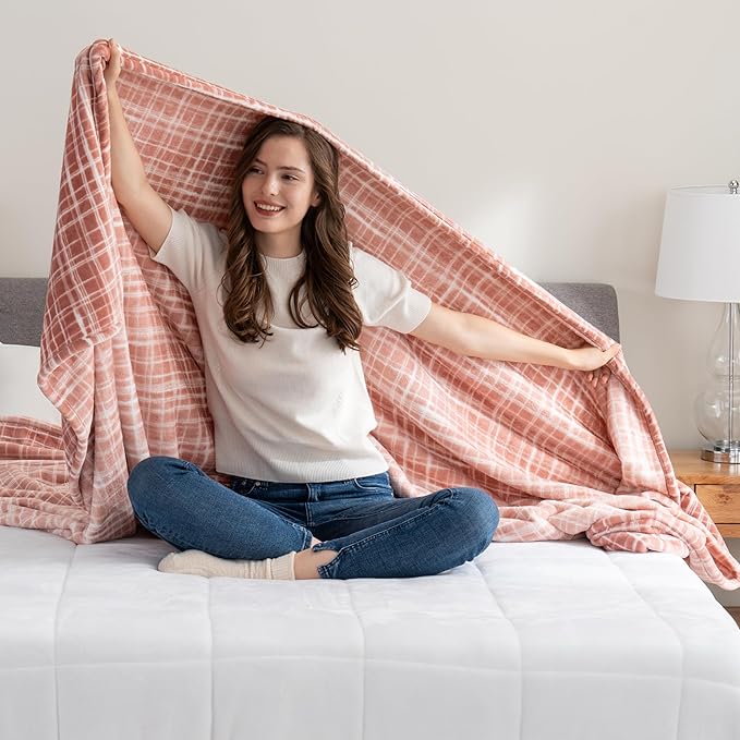 Berkshire Blanket-Classic Heavyweight Warm Soft Printed VelvetLoft® Plush Blanket, King Size Soft Fuzzy Blanket for Couch Sofa Bed, Watercolor Plaid Blush, 90in x 108in