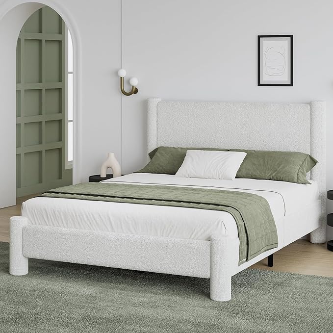 Queen Size Bed Frame, Boucle Upholstered Platform Bed with Headboard and Footboard, Soft Rounded Corners, No Box Spring Required, Easy Assembly, White