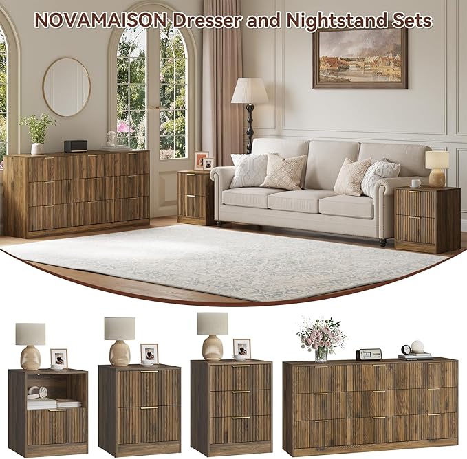 9 Drawer Dresser & Nightstand Set 3-Piece, 63” Wide Walnut Bedroom Dresser and Night Stand Set of 2, Fluted Modern Wood Chest of Drawers Storage Dressers Set for Bedroom, Walnut