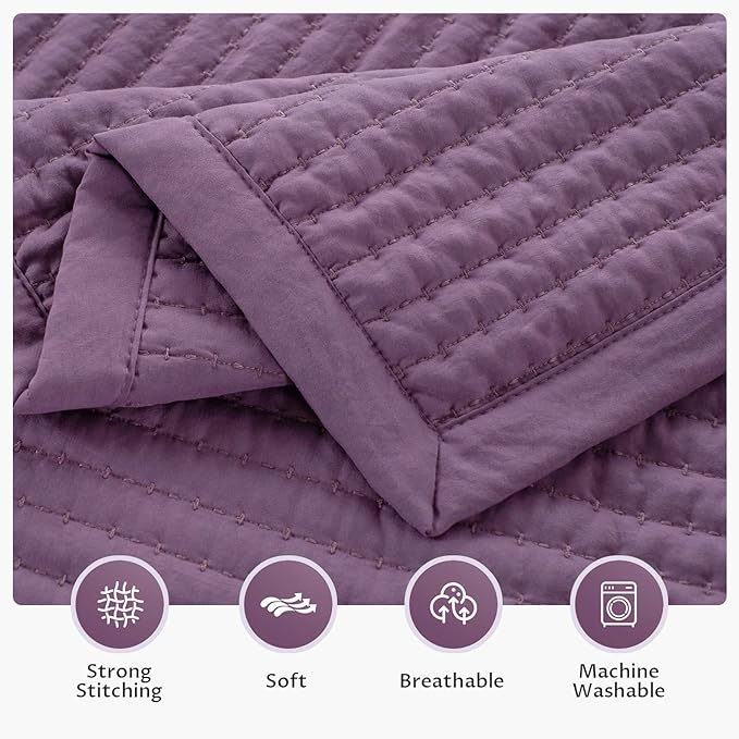 Oversized King Quilt Set 112"x106" – Soft Washed 3-Layer Lightweight California King Bedspread, Minimalist Nordic Design, All-Season Quilt Bedding (1 Quilt + 2 Pillow Shams), Grape Jam Purple