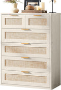 LEYAOYAO White Dresser for Bedroom, 41" Tall Chest of Drawers, Modern 6 Drawers Boho Rattan Dressers with Storage, Dresser Wooden Closet Organizer for Living Room, Hallway