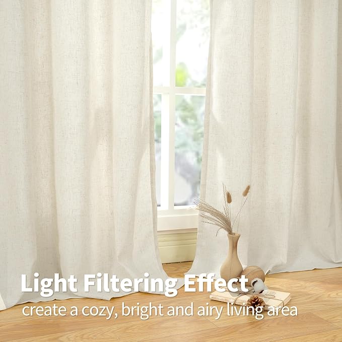 YoungsTex Natural Linen Curtains 90 Inches Long 2 Panels for Living Room, Light Filtering Drapes with Grommet Privacy No See Through for Bedroom, 52 X 90 Inch