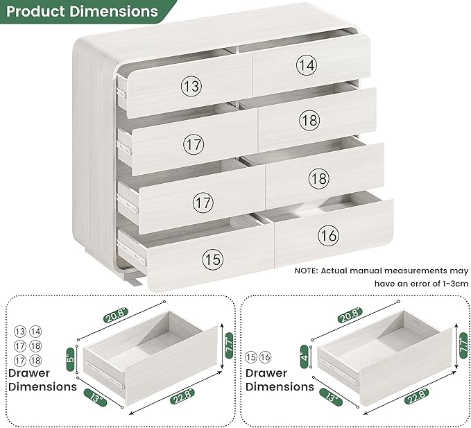 47’’ Wide Dresser with 8 Drawers, White Chest of Drawers with Deep Drawers & Handleless, Wooden Storage Organizer for Bedroom, Living Room, Hallway