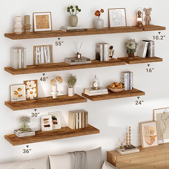 Vivelove 10 Inch Deep Floating Shelves 55 inch Long, 55 x 10 Wide Wall Shelves with Invisible Brackets, for Bedroom Bathroom Living Room Kitchen Office, Farmhouse Home Decor, Set of 2, Rustic Brown