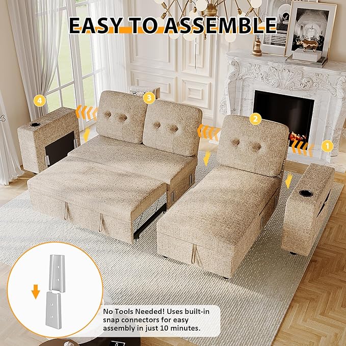 90 Inch Sleeper Sofa Bed, 4 in 1 Pull Out Couch Bed with Adjustable Backrest | Reversible Storage Chaise | Wide Armrest | Tool Free Assembly, Sectional Couches for Living Room, Khaki Chenille