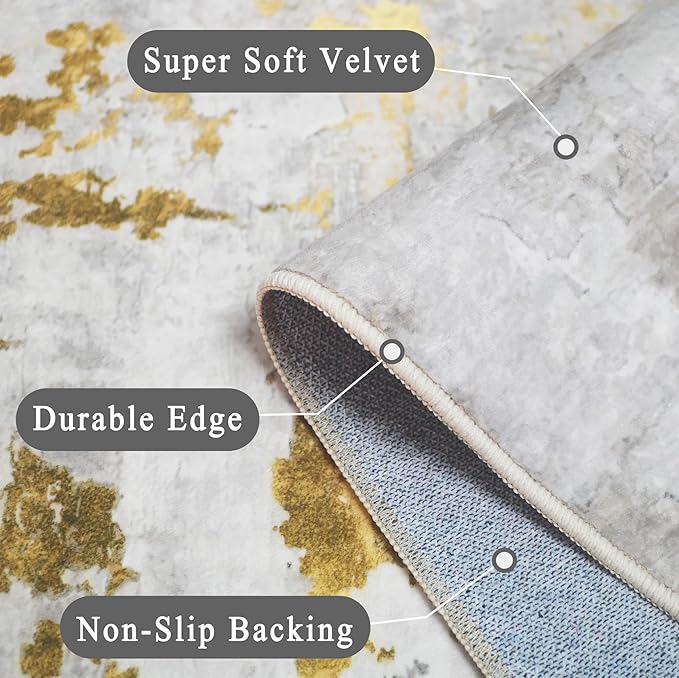 vivorug 5x7 Area Rugs - Ultra-Thin Washable Rug with Non-Slip Backing, Ideal for Living Room, Bedroom, Kitchen Floor Carpet - Modern Abstract, Easy Clean, Durable, Low Pile Grey/Mustard