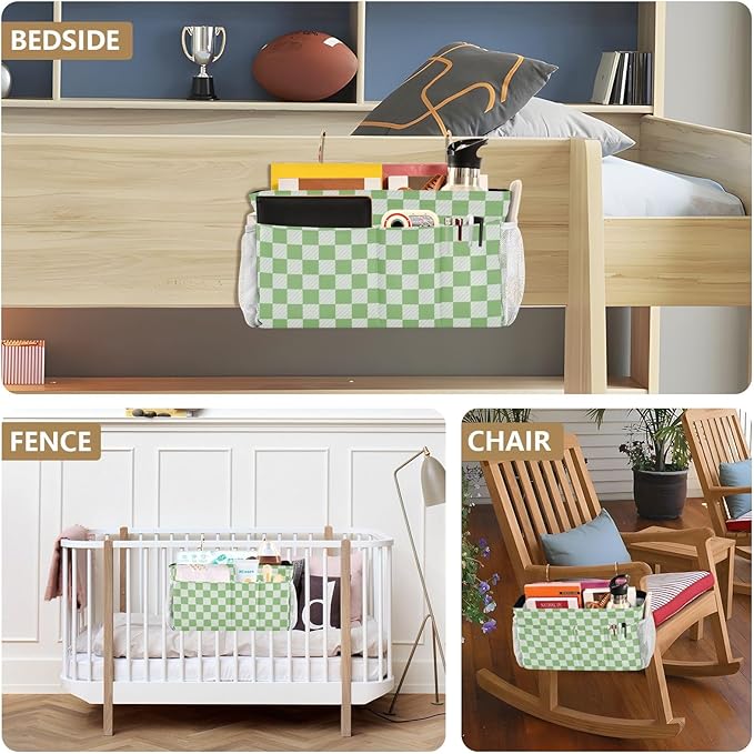 Bedside Caddy Hanging Bunk Bed Caddy Bed Organizer Hanging Pocket with 2 Hooks Bedside Storage Organizer Pocket Bag Holder Checkered Light Green