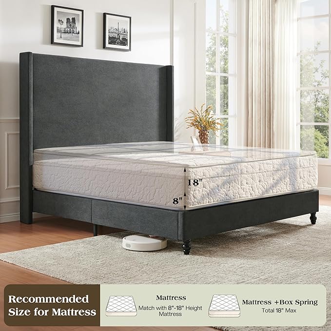 Queen Bed Frame with 63" Tall Headboard, Horizontal Fine Corduroy Bed Frame with Wingback, Upholstered Platform Bed, Vintage Solid Wood Gourd Legs, No Box Spring Needed, Black