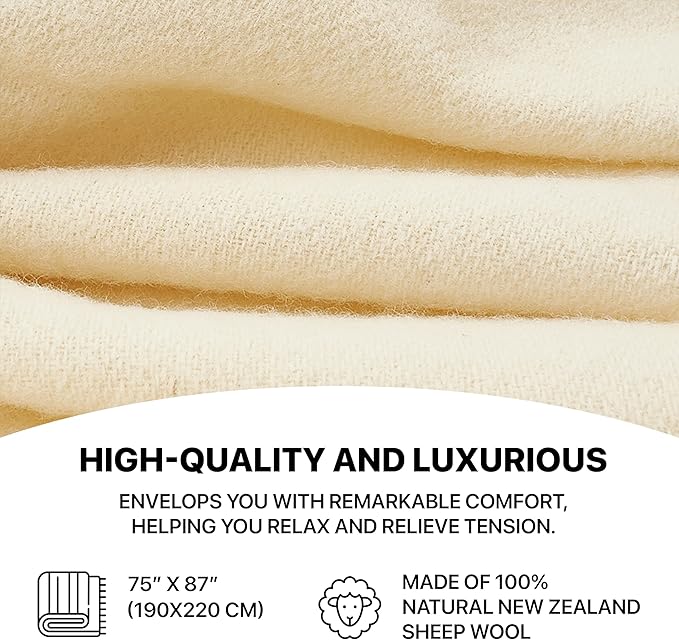 | Wool Blanket/Throw | 100% New Zealand Wool | Perfect for Home and Outdoors | Virgin Wool Throw with Fringes 75"x87" (190 x 220 cm)