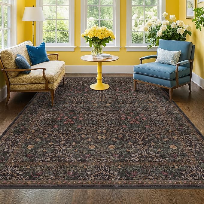 Taupe Brown 5x8 Rug for Living Room - Vintage Traditional Dark Neutral Floral, Washable Foldable Non-Slip Area Rugs for Dining Under Table, Home Office, Guest Room
