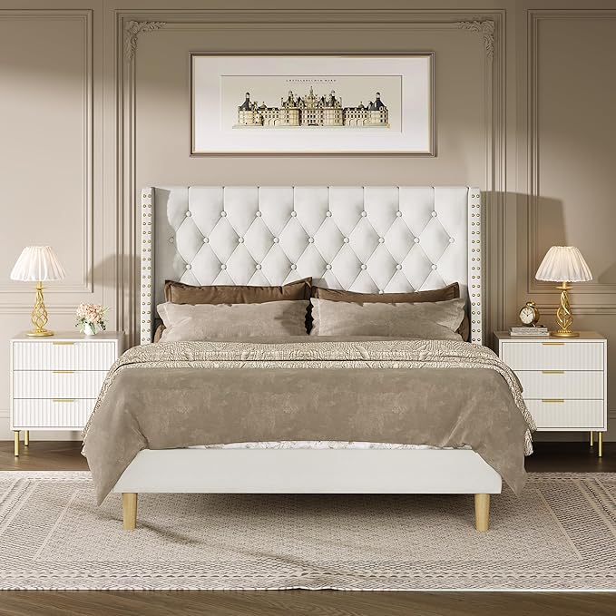 Full Size Bed Frame White Velvet, 47.2" Tall Wingback Headboard with Gold Nailhead Trim, Upholstered Platform Bed with Diamond Tufting, 1000lbs Heavy Duty Support, No Box Spring Needed