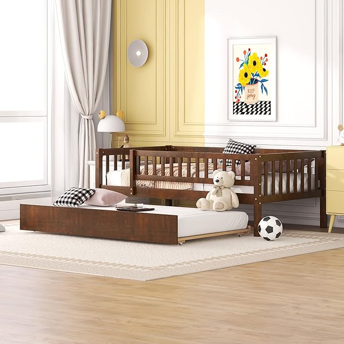 Bellemave Twin Bed Frames with Rails for Kids, Twin daybed Frame with Trundle for Boys/Girls/Adults， Walnut