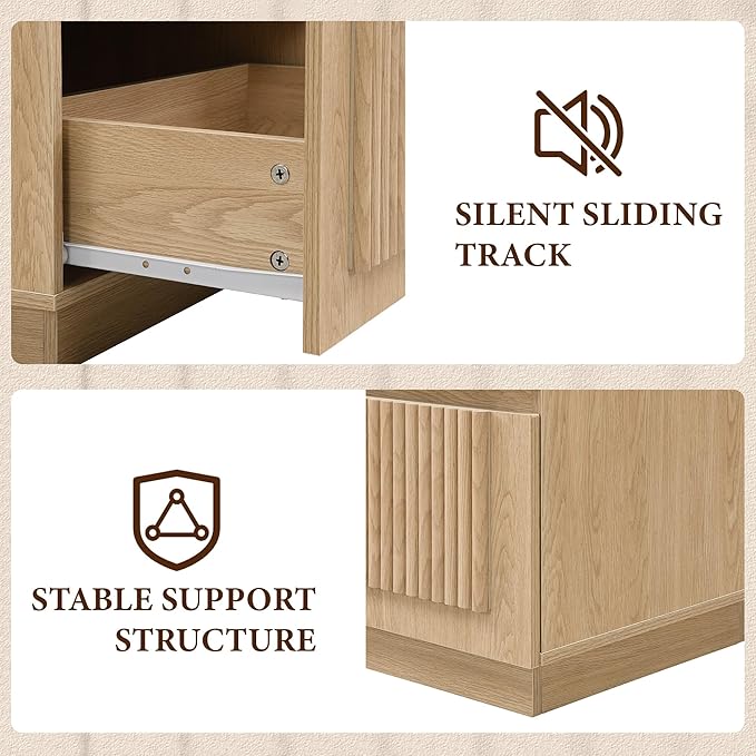 Yechen Nightstand with Drawers, Modern Arched Reeded Wood Nightstand with Charging Station, Wooden Night Stand with Storage,Bedside End Tables for Bedroom, Natural
