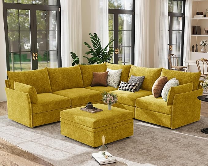 ABCASA 103.5" Oversized Modular Sectional Sofa, L Shaped Convertible Couch with Movable Ottoman, Large 6 Seat Corner Couches for Living Room Deep Seat- Yellow Chenille