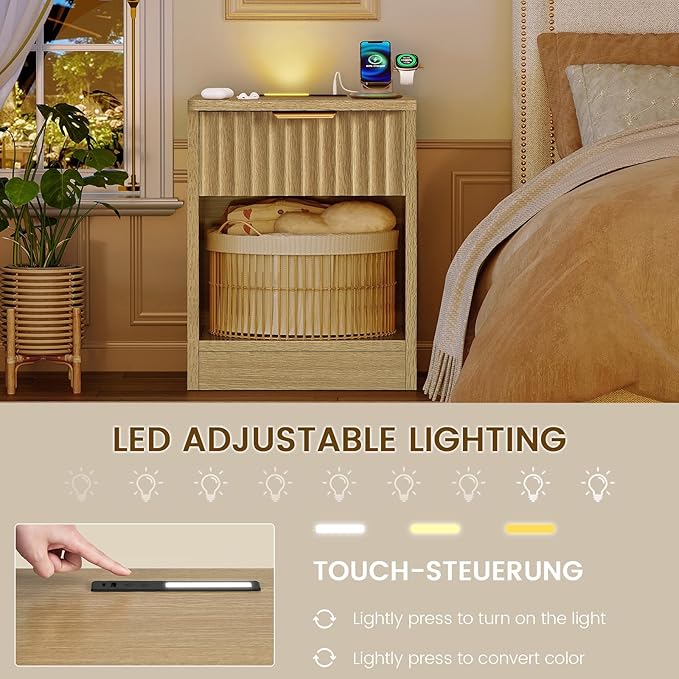 TEENFON Fluted Nightstands Set of 2, Bed Side Table with Charging Station and LED Light, Night Stand with Storage Drawer and Open Shelf, End Table for Small Space, Bedroom, Natural