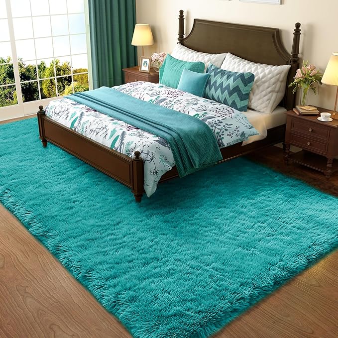 Ophanie Teal Rugs for Living Room Bedroom, 6x9 Fluffy Fuzzy Furry Carpet, Plush Soft Shaggy Bedside Indoor Floor Area Rug for Kids Girls Boys Baby Teen Dorm Nursery Home Decor Aesthetic
