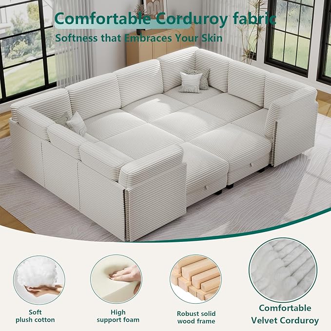 Modular Sectional Sofa with Adjustable Backrest, Large Convertible L/U-Shaped Sleeper Couch for Living Room, Cloud Sofa Bed Modern Reversible Design, White