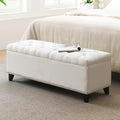 47.5“ Storage Ottoman Bench, Upholstered Button-Tufted End of Bed Bench with Soft-Close Hinge & Solid Wood Legs, Foot Rest for Living Room, Bedroom, Hallway (Linen, White)