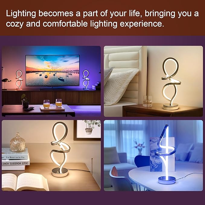 Mayful Modern RGB Table Lamp with LED Spiral Design, Silver Bedside Lamp & Nightstand Lamp, Touch Dimmable with 7 Colors & 10 Modes for Bedroom, Living Room, Home Office, 15W