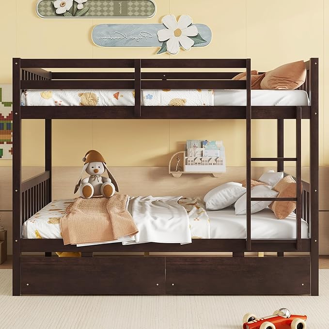Full Over Full Bunk Bed with Storage Drawers,Convertible Bunk Beds with Ladder & Safety Guardrails,Full Size Bunk Beds for Kids Girls Boys,Espresso