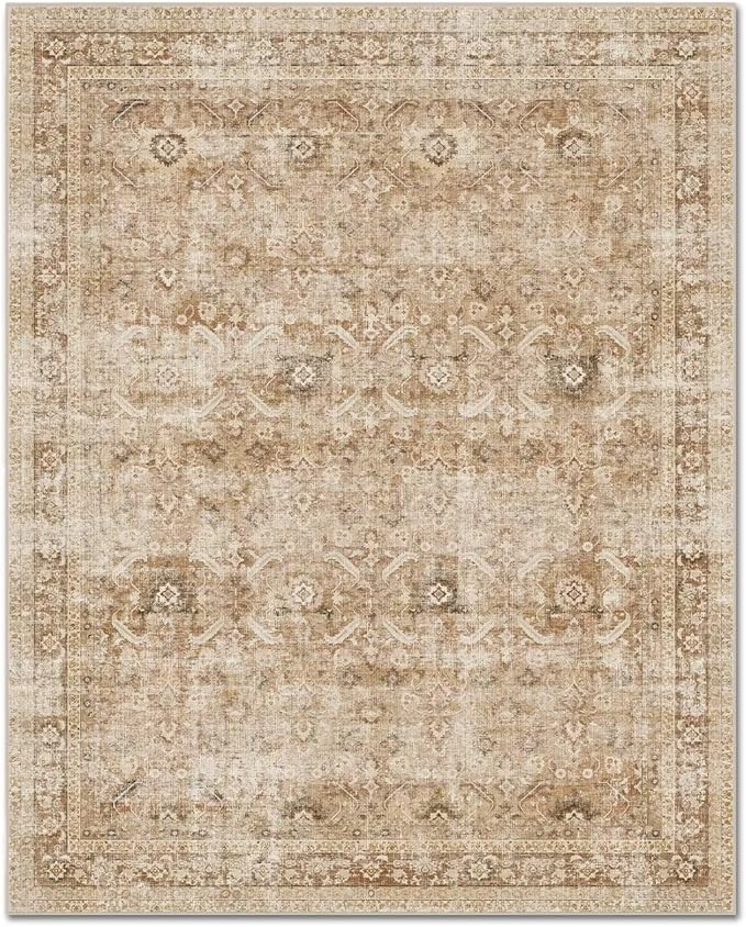 Washable 8x10 Area Rugs for Living Room, Boho Non-Slip Vintage Distress Large Rugs for Bedroom Dining Room Nursery Office, 0.3" Neutral Oriental Throw Thin Carpet, Brown/White/Multi
