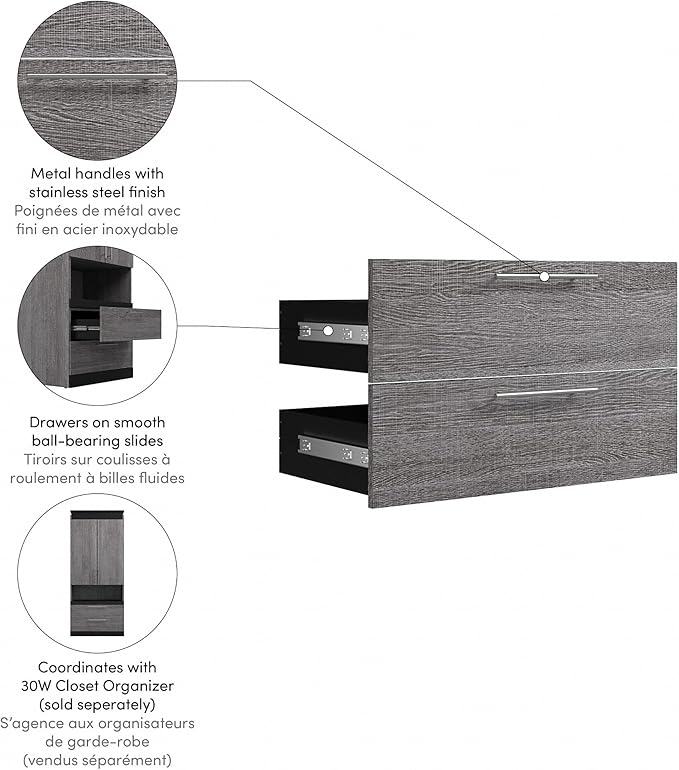 Bestar Orion 2 Drawer Set for 30W Tall Storage Shelf in White and Walnut Grey, Bedroom Organization