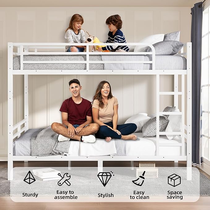 Full XL Bunk Bed Frame, Heavy Duty Metal Loft Bed for Adults/Teens, 350/500LB Capacity w/Ladder & Guardrail, Noise-Free Steel Slats, No Box Spring Required, White